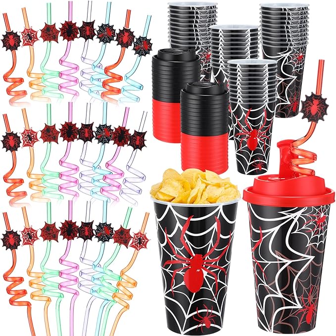 Yungyan 36 Sets Spider Party Favors Goodie Cups with Lids and Straws for Hall...