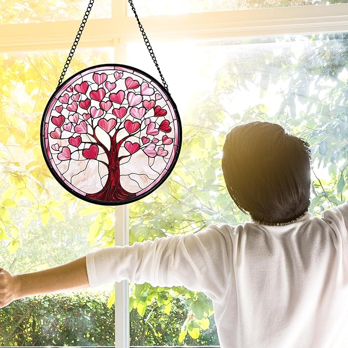 Stained Glass Window Hanging, Valentine's Day Gifts Pink Love Heart Tree - Image 3