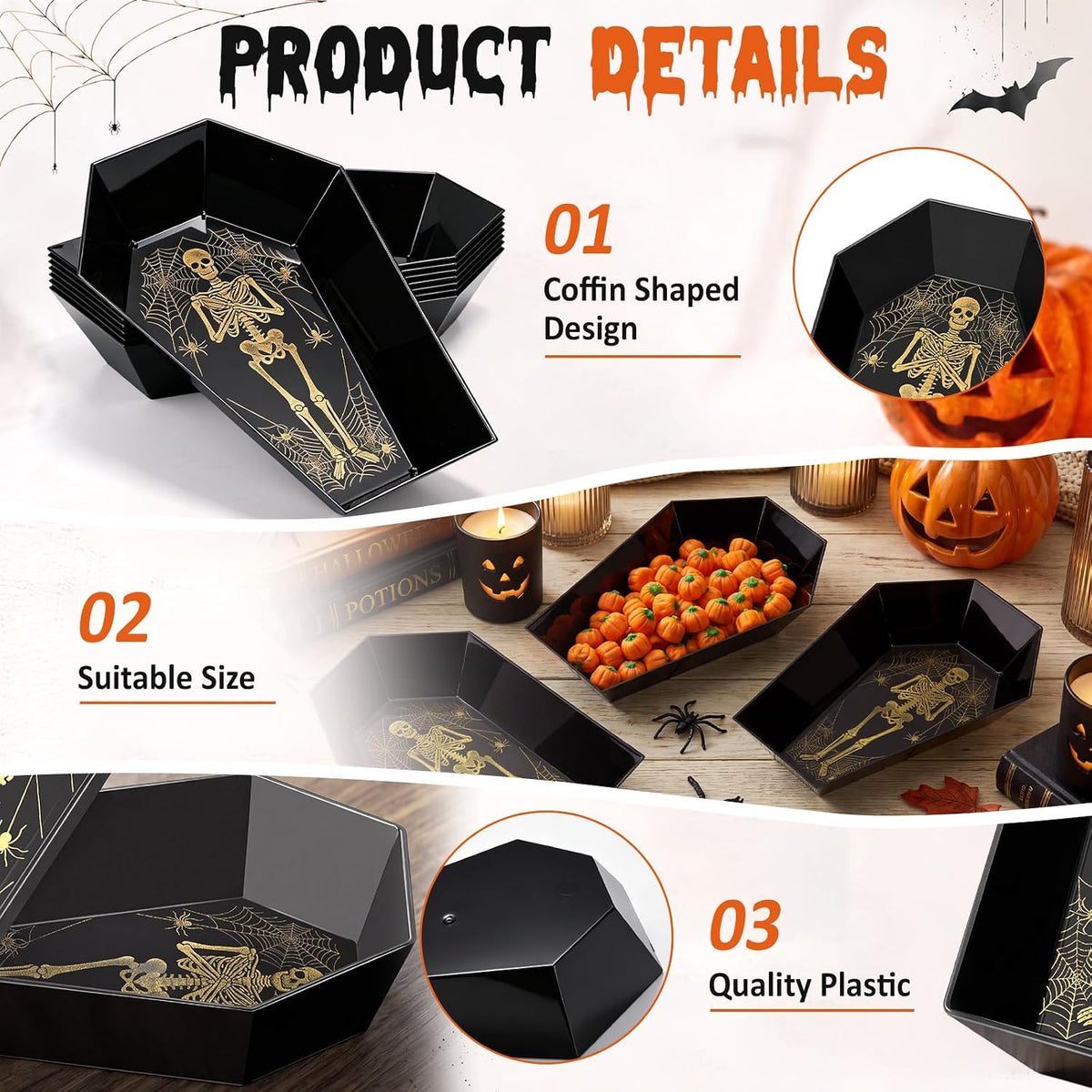 Honeydak 24 Pcs Halloween Candy Bowl, Plastic Coffin Shaped Serving Trays