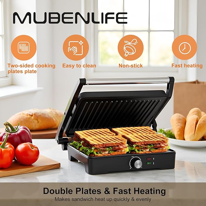 Panini Press, Sandwich Press Grill, 180 Degree Open, Non-Stick Grill, Table - Image 2