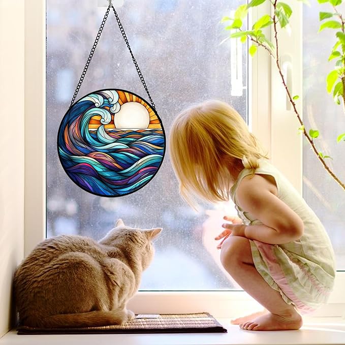DASTOLL Stained Glass Window Hanging, Big Wave Sun Suncatcher Diamond Glass - Image 3