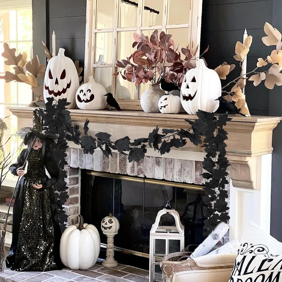 48FT Black Halloween Garland 8pcs Maple Leaf, Table Mantel Gothic Decor