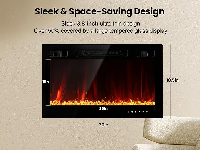 Electric Fireplace Insert 30" Realsmart 1500W Wall Mounted Fireplaces Recessed - Image 7