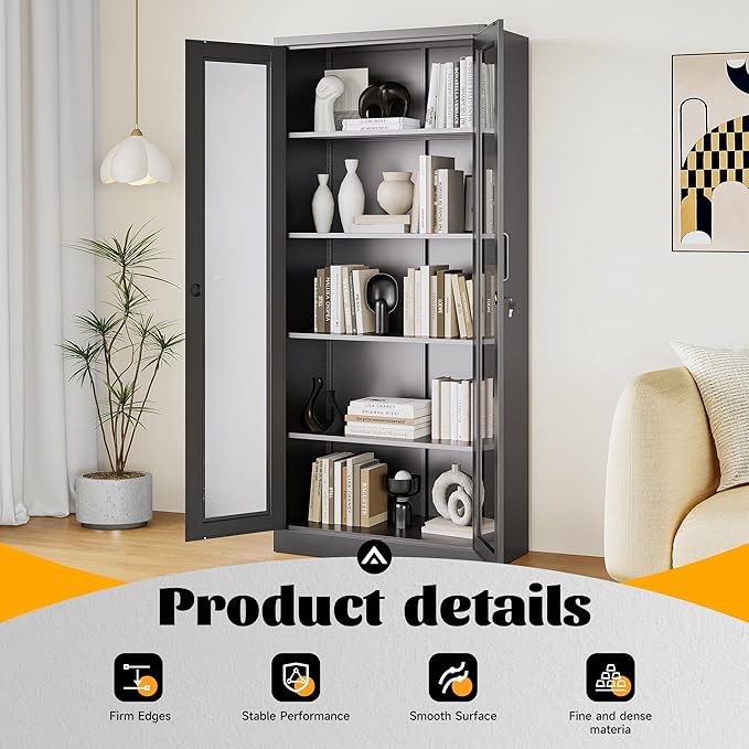Metal Storage Cabinet with Lock and Glass Doors, Glass Display Cabinet - Image 7