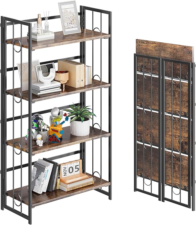 4NM No Assembly 4 Tiers Folding Bookshelf, 47.2" H Foldable Storage Shelves by 4NM