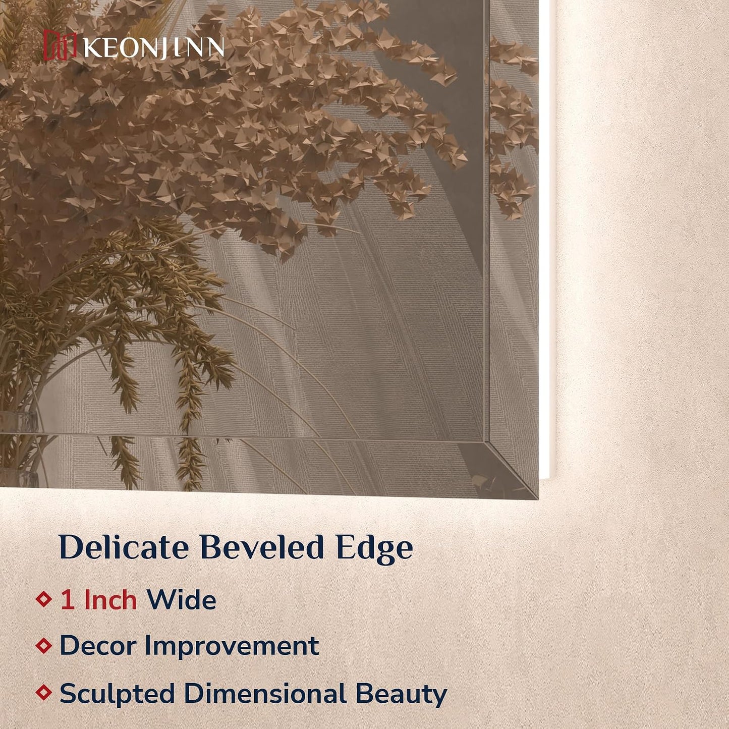 Keonjinn 28" x 36" LED Backlit Mirror, HD Tempered Glass with Beveled Edge | 3 Color Temperature, Auto-OFF Defogging, Dimmable, Easy French Cleat Installation, Rectangle LED Bathroom Mirror with Lights