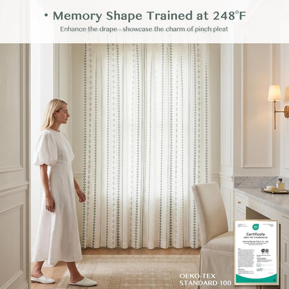 Pinch Pleated Sage Green Floral Block Print Curtains 84 Inches Long, Vintage Boho Linen Blend Drapes for Bedroom Living Room, 2 Panels Set