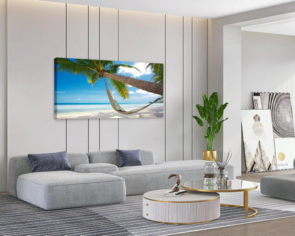 Muolunna BK6850 Beach Wall Art Canvas Prints - Tropical Palm Tree Hammock Seascape Picture Ocean Landscape Artwork for Living Room Bedroom Bathroom Office Home Decor, Large Framed 20x40 inch