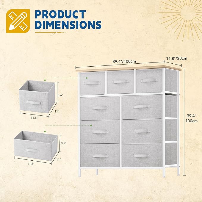 DWVO 9 Drawer Dresser, Light Gray Fabric Storage Tower, Tall Organizer Unit - Image 3