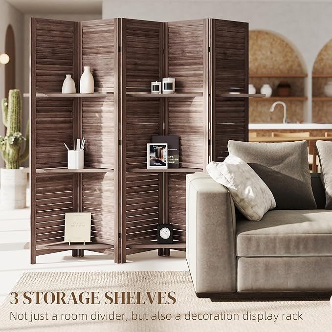 HOMCOM Room Divider, 5 Panel 67" Tall Wood Privacy Screen - Image 3