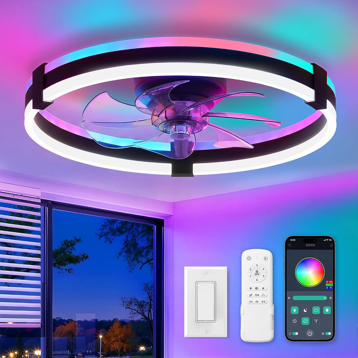 ZMISHIBO 20" RGB Low Profile Ceiling Fans with Lights and Remote, Black
