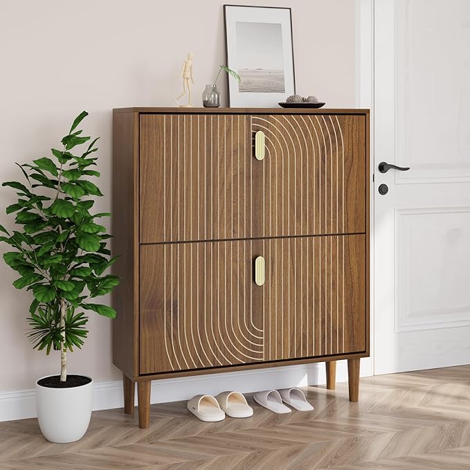 Smuxee Shoe Cabinet with 2 Flip Drawers, 31.5" Walnut Hidden Shoe Storage by Smuxee