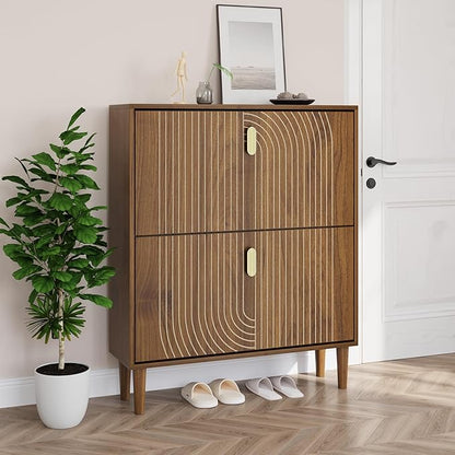 Smuxee Shoe Cabinet with 2 Flip Drawers, 31.5" Walnut Hidden Shoe Storage by Smuxee