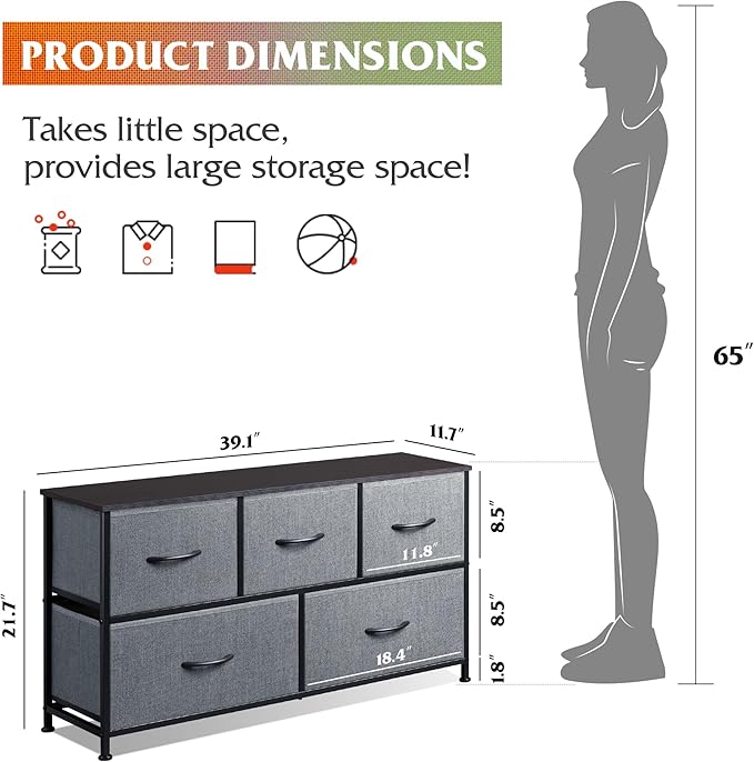 WLIVE Dresser for Bedroom with 5 Drawers, Wide Chest of Drawers, Fabric Dresser - Image 3