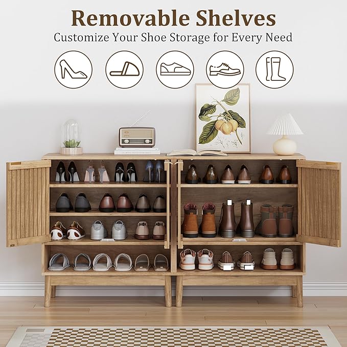 Shoe Cabinet with Slatted Doors, Freestanding Shoe Cabinet Storage - Image 5