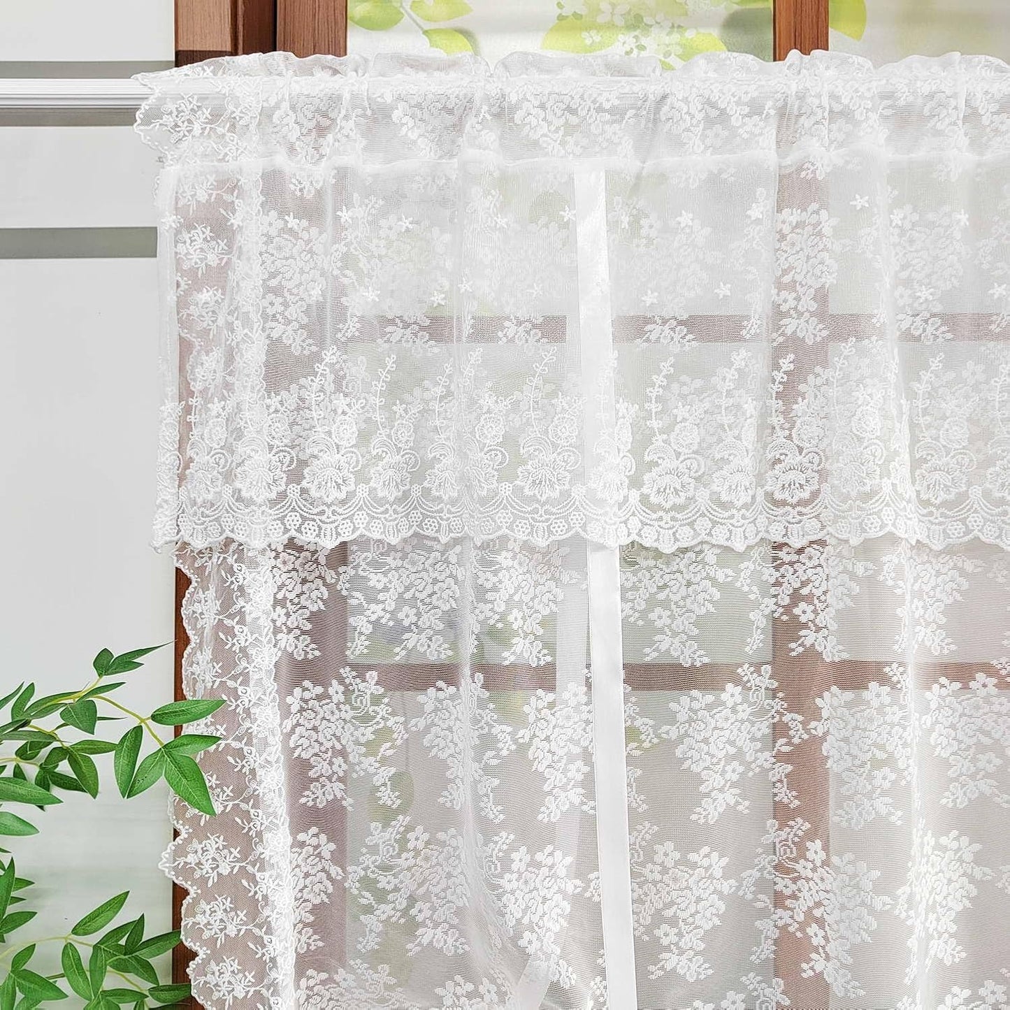 White Floral Lace Tie Up Curtain, Adjustable Lift Balloon Window Shade | Scalloped Edge Kitchen Curtain, Light Filtering Sheer Lace Curtain for Cafe Bathroom Rod Pocket, 1 Panel (W35 L39 inch)