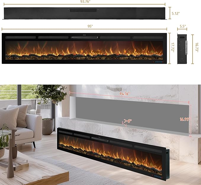 95 Inch WiFi-Enabled Recessed Electric Fireplace Inserts - Image 2
