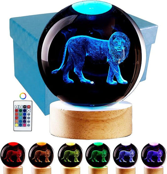 3D Crystal Ball Lamp with Lifelike LED Lion, 16 Color Changing Light, Dimmable by Conalisk