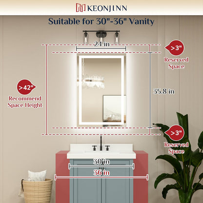 Keonjinn 24x36 Inch LED Bathroom Mirror with Lights, Frontlit & Backlit | Lighted Bathroom Mirror, 3-Color Temperature & Stepless Dimmable Lighting, Fast & Safe Defogging, Effortless Installation