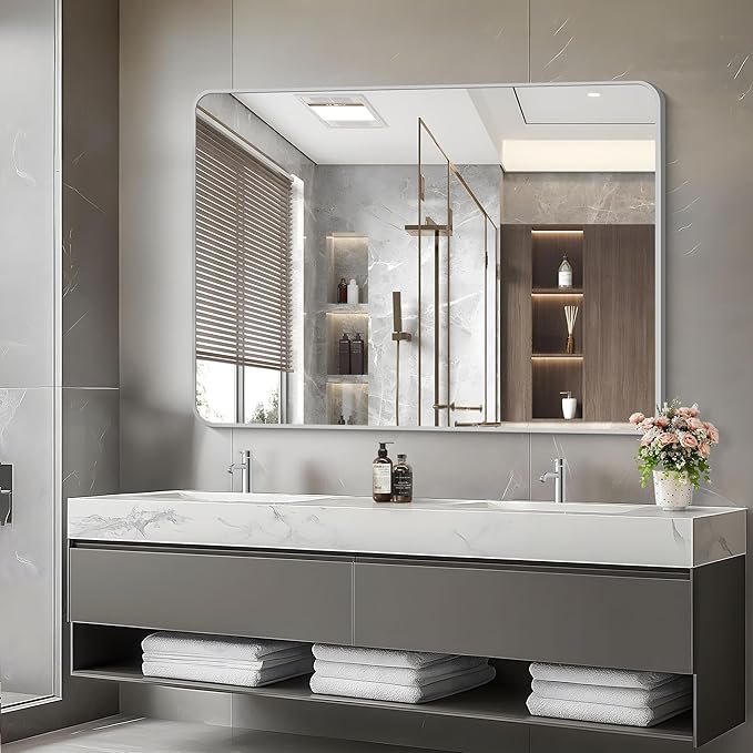 48x36 Inch Silver Bathroom Mirror, Large Rectangular Vanity Mirror, Metal - Image 3