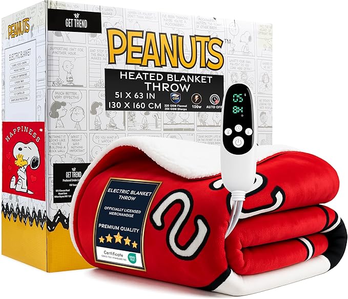 Peanuts Snoopy Heated Blanket Electric, Luxurious Fleece Throw, 9 Heat Settings by GetTrend