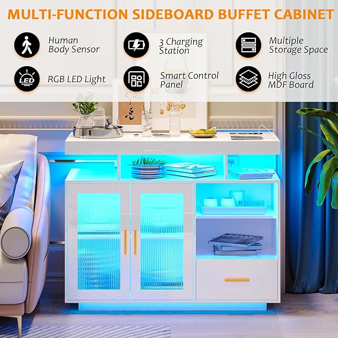 40" Wood LED Coffee Bar with Wireless Charging Station, Kitchen Storage Cabinet - Image 9