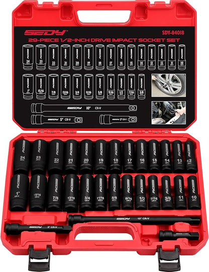 29-Piece 1/2" Drive Impact Socket Set, SAE and Metric Sizes by SEDY
