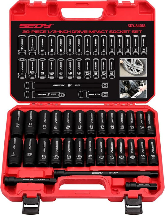 29-Piece 1/2" Drive Impact Socket Set, SAE and Metric Sizes by SEDY