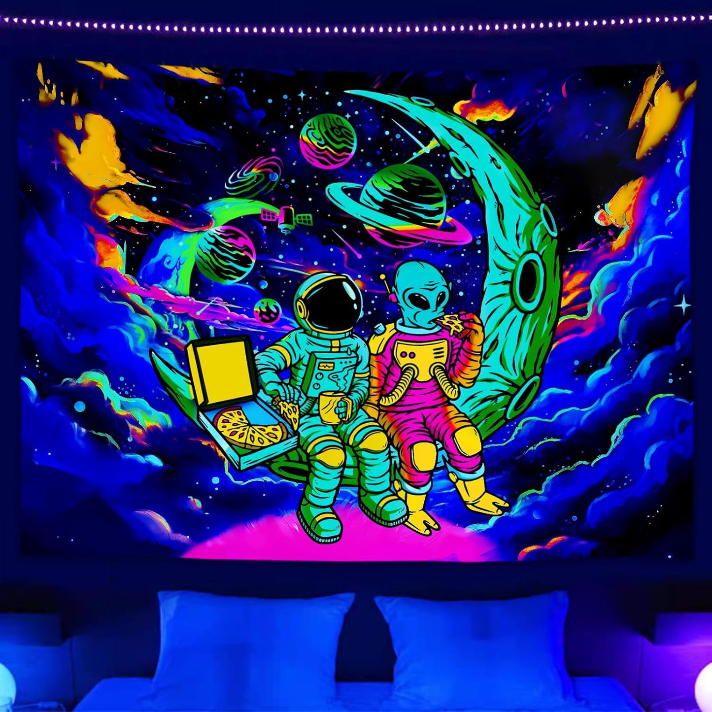 Sanzugh Funny Space Astronaut Alien Blacklight Tapestry UV Reactive Poster, Trippy Universe Black Light Art for Men Guys Room Bedroom Decor Cool Psychedelic Glow in the Dark Tapestries Wall Hanging
