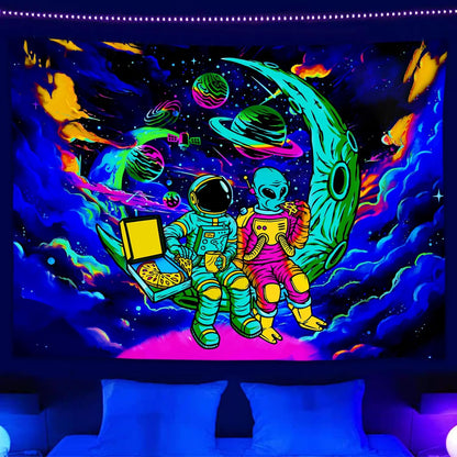 Sanzugh Funny Space Astronaut Alien Blacklight Tapestry UV Reactive Poster, Trippy Universe Black Light Art for Men Guys Room Bedroom Decor Cool Psychedelic Glow in the Dark Tapestries Wall Hanging
