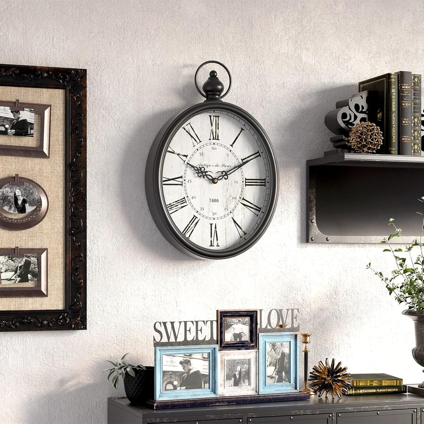 Menterry Large Oval Retro Wall Clock, Rustic Vintage Style, Antique Black | Battery Operated Silent Decor Wall Clocks for Living Room,Kitchen,Farmhouse,Office (15.5" H x 10.5" W)