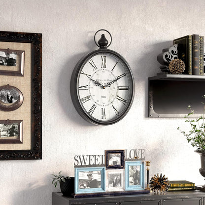 Menterry Large Oval Retro Wall Clock, Rustic Vintage Style, Antique Black | Battery Operated Silent Decor Wall Clocks for Living Room,Kitchen,Farmhouse,Office (15.5" H x 10.5" W)
