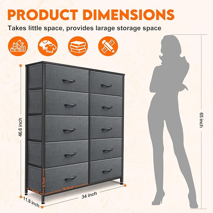 Dresser for Bedroom with 10 Drawers, Chest of Drawers, Storage Drawers - Image 3