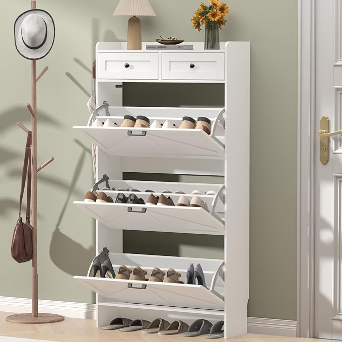 Shoe Cabinet with 3 Flip Drawers & 2 Storage Drawers, Rustic Farmhouse Narrow - Image 3