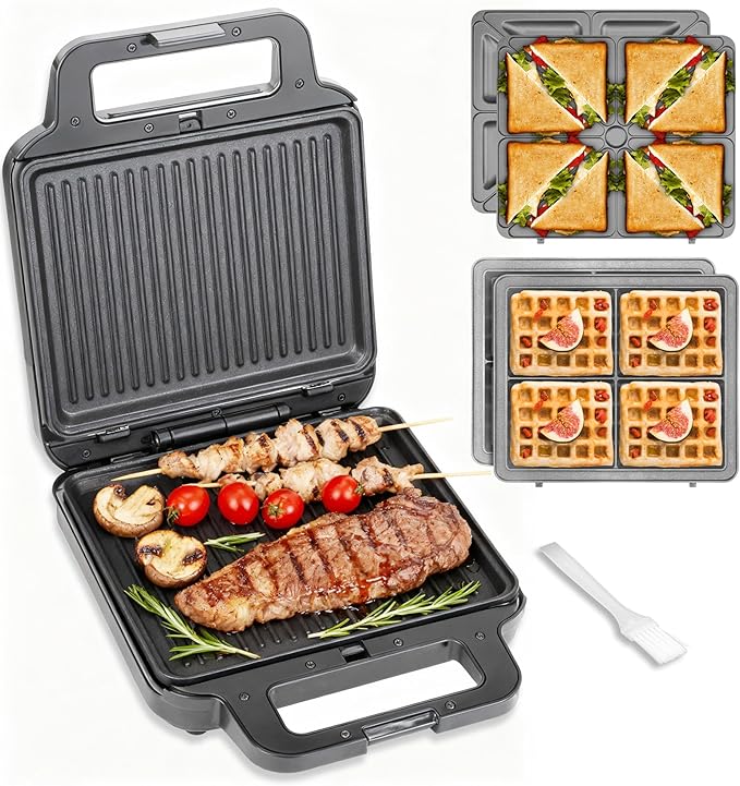 3 in 1 Panini Grill Press with 3 Removable Plates, Breakfast Sandwich Maker by FineMade