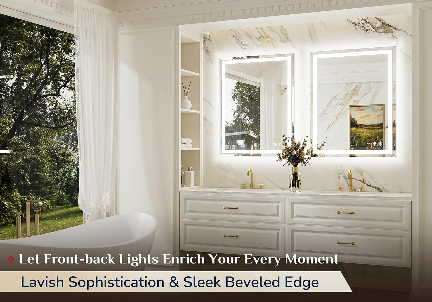 Keonjinn Beveled Bathroom Mirror with Lights 28" x 36", Frontlit & Backlit | HD Tempered Glass, Lighted Mirrors for Bathroom Wall, 3 Color Lights, Fast Defogging, Stepless Dimmable, Wall Switch/Plug in