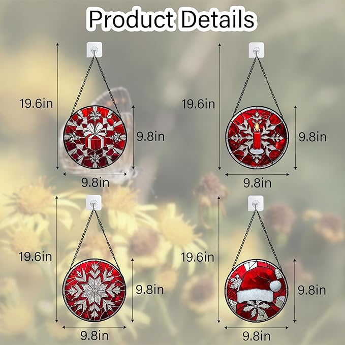 DASTOLL Stained Glass Window Hanging 4 Pcs Set Red Christmas Decorations Theme - Image 6