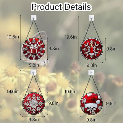 DASTOLL Stained Glass Window Hanging 4 Pcs Set Red Christmas Decorations Theme - Image 6