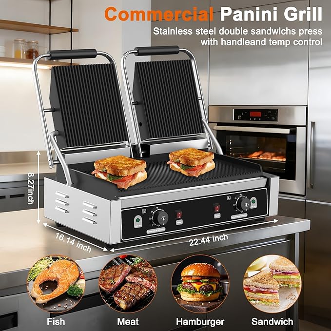 Commercial Dual Head Panini Grill, 3400W Electric Sandwich Panini Maker - Image 2