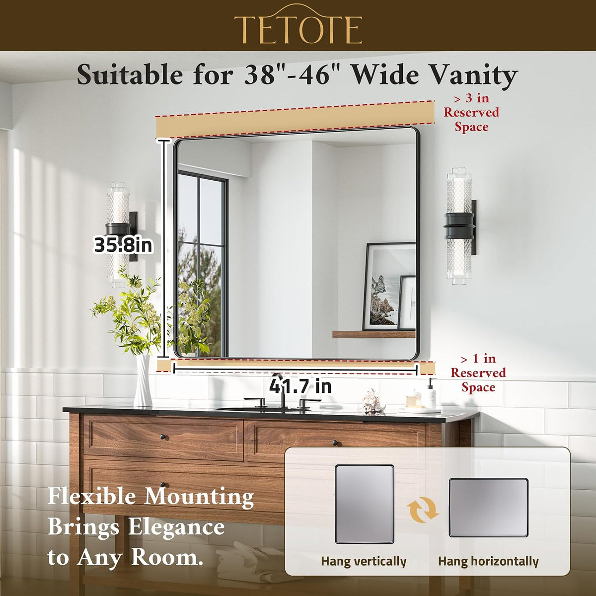 42 x 36 Black Bathroom Mirror Matte Black Metal Framed Vanity Mirror, Tempered Glass, Wall Mounted for Bathroom, Entryway, Bedroom, Living Room(Horizontal/Vertical)