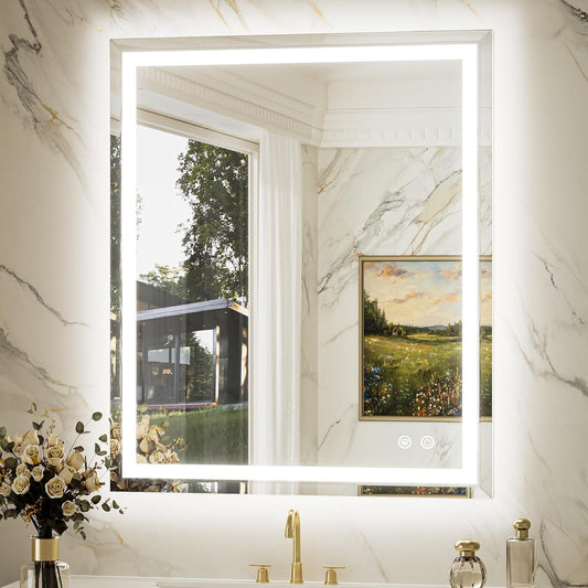 Keonjinn 30" x 36" Beveled LED Bathroom Mirror with Lights, Tempered Glass | Front and Backlight, Lighted Mirrors for Bathroom Wall, 3 Color Lights, Fast Defogging, Stepless Dimmable, Hardwired/Plug in