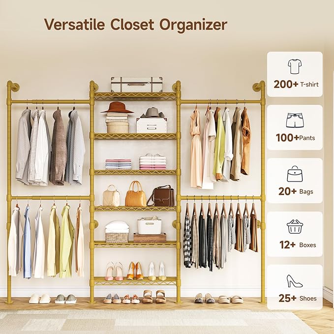ONBRILL H3 Wall Mounted Closet System, Expandable Industrial Pipe Clothes Rack - Image 9
