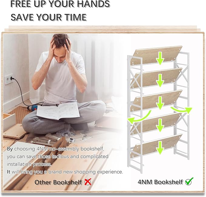 4NM Extra Wide 5 Tiers No Assembly Book Shelves, 51.2" H Folding Bookshelf - Image 7