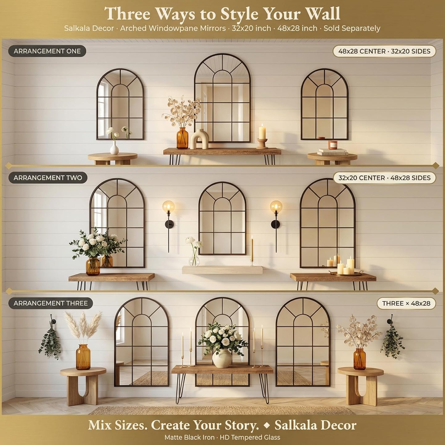 48x28Inch Arched Window Pane Mirror| Black Arched Mirrors for Wall & Floor | Arch Mirror Full Length for Entryway Living Room & Bedroom | Oversized Mirrors | Wall Art Decorative |Farmhouse Décor