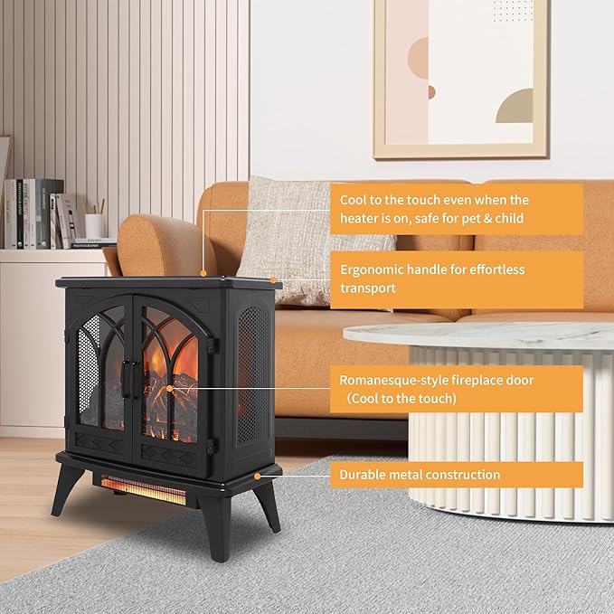 24" Electric Fireplace, Freestanding Fireplace Heater w/Realistic Flame - Image 6