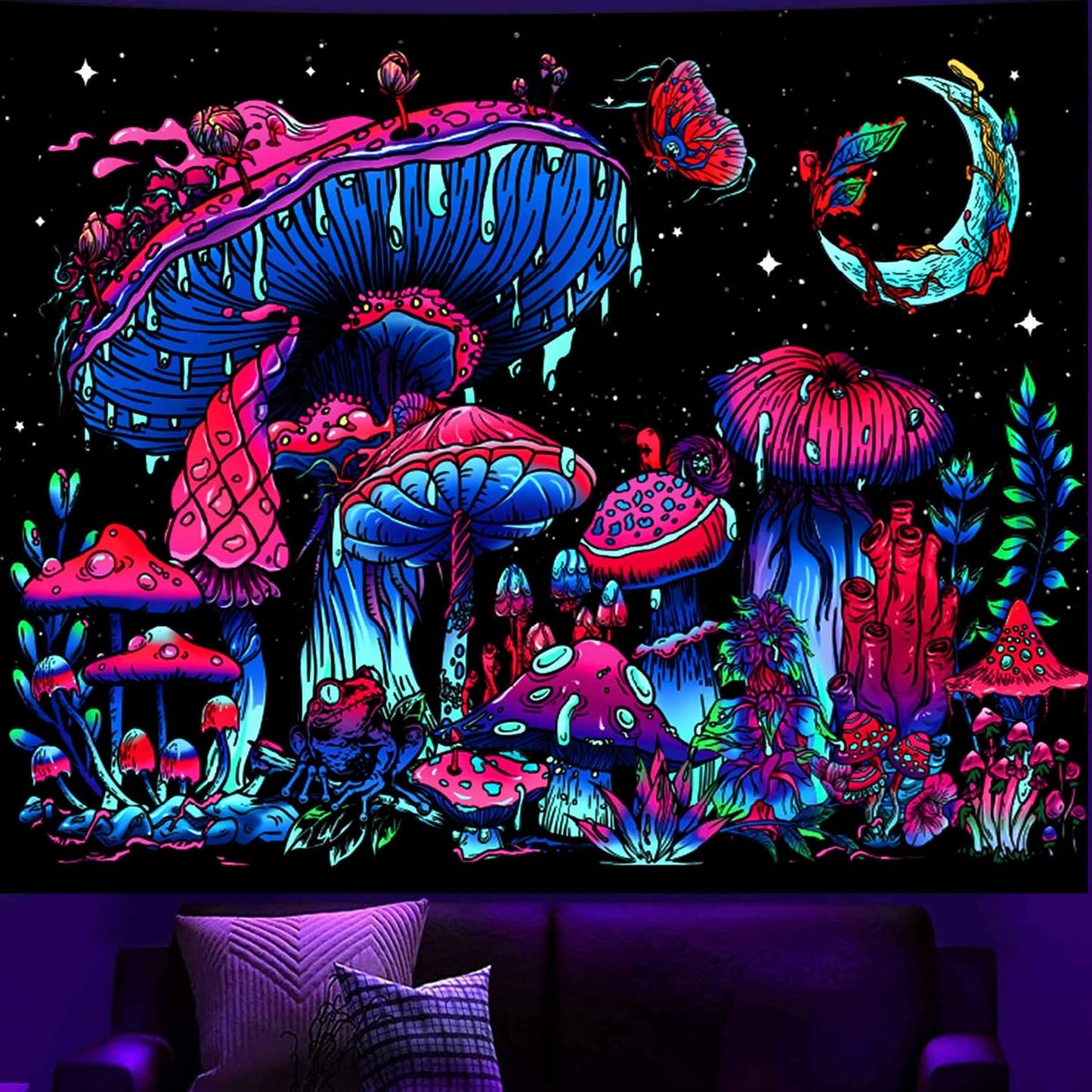 TUGCAY Blacklight Mushroom Tapestry, Glow In The Dark Tapestry Black Light Plant Fantasy UV Reactive Mushroom Butterfly Moon Tapestries Posters Wall Hanging for Bedroom Dorm Decor(50"x60")