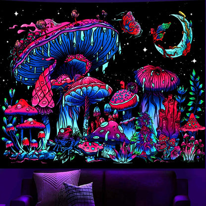 TUGCAY Blacklight Mushroom Tapestry, Glow In The Dark Tapestry Black Light Plant Fantasy UV Reactive Mushroom Butterfly Moon Tapestries Posters Wall Hanging for Bedroom Dorm Decor(50"x60")