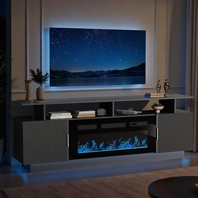 70” Fluted TV Stand with 36” Electric Fireplace, 2 Tier TV Console Cabinet with - Image 3