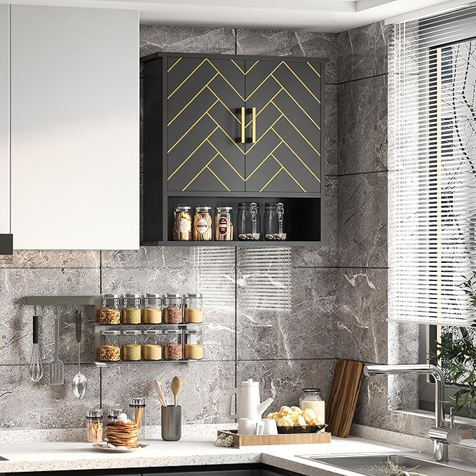 Black Chevron Pattern Bathroom Wall Cabinet, Modern Hanging Medicine Cabinet - Image 8