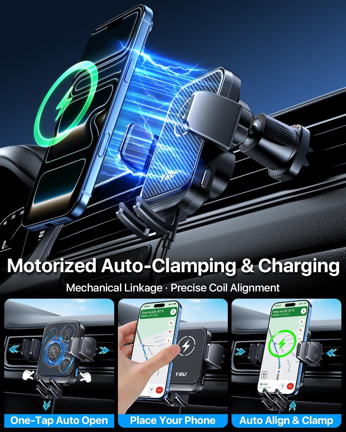 YRU Wireless Car Charger 【90+LBS Strongest】 15W Auto Clamping Phone Holder